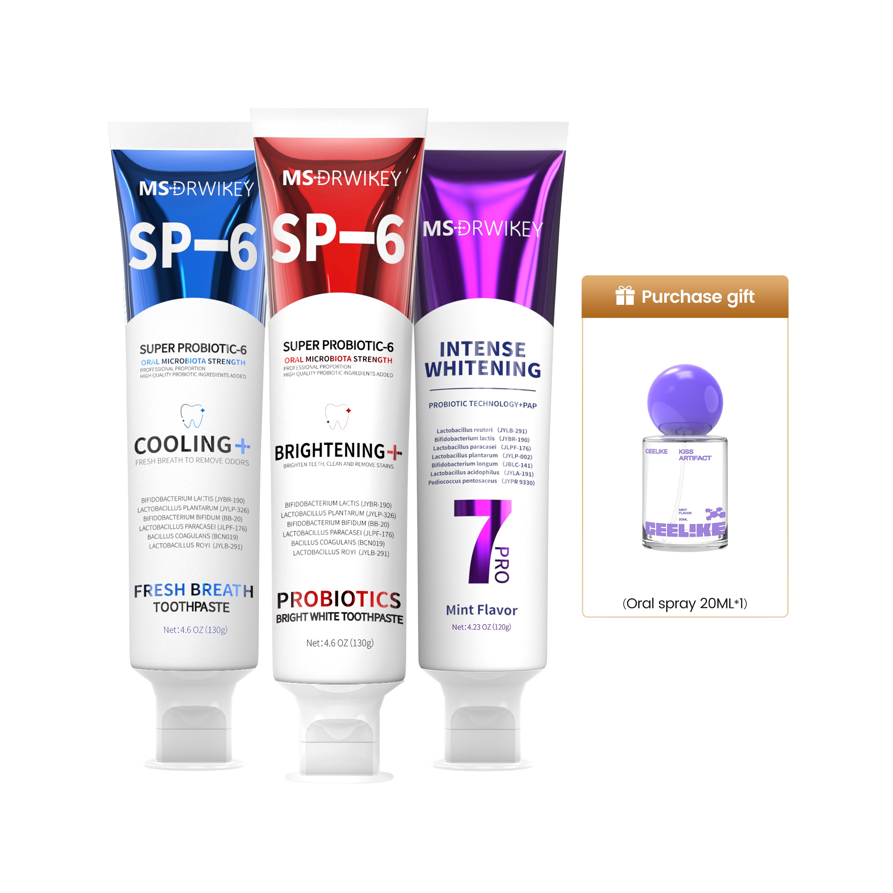 MSDRWIKEY 3-Piece Combo Set – SP-6 Probiotic Whitening Toothpaste, 7-Pro Advanced Whitening Toothpaste & Cooling Fresh Breath Toothpaste