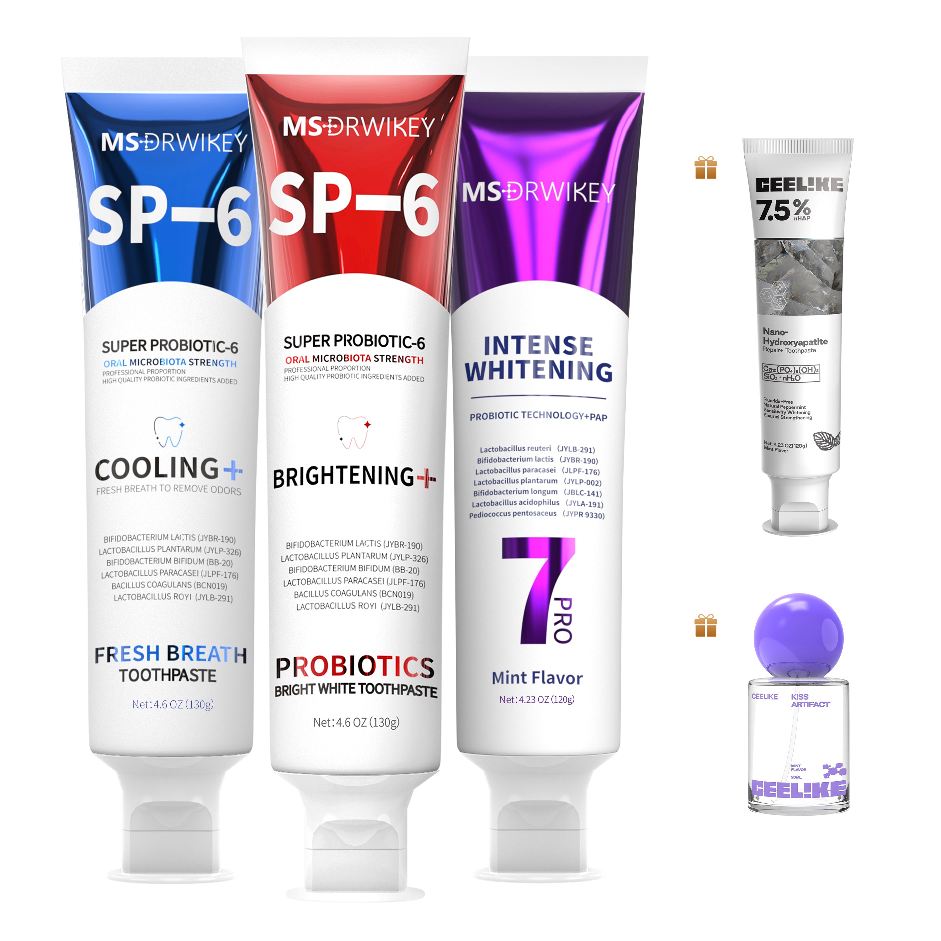 MSDRWIKEY 3-Piece Combo Set – SP-6 Probiotic Whitening Toothpaste, 7-Pro Advanced Whitening Toothpaste & Cooling Fresh Breath Toothpaste