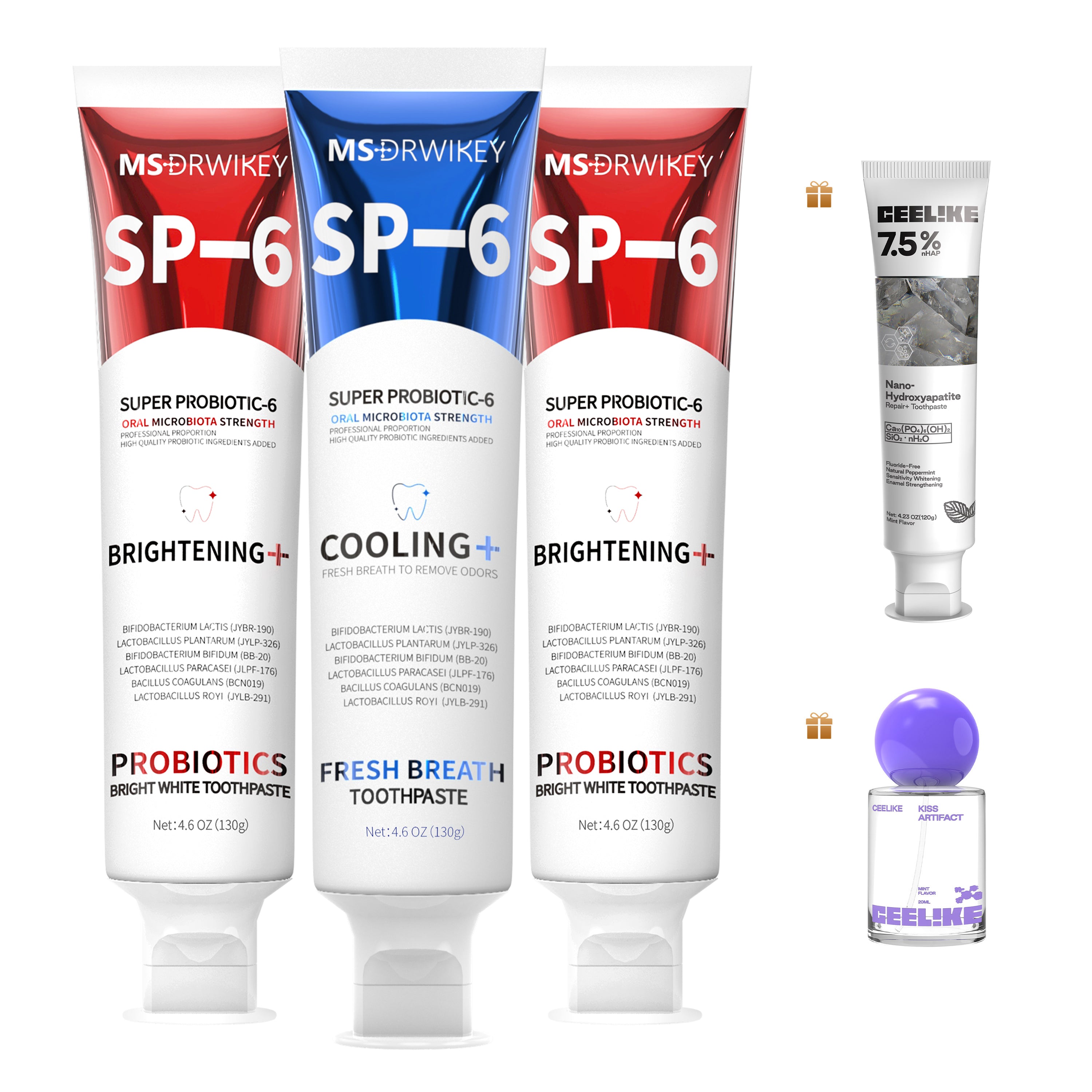 MSDRWIKEY 3-Piece Combo Set – SP-6 Probiotic Whitening Toothpaste, 7-Pro Advanced Whitening Toothpaste & Cooling Fresh Breath Toothpaste