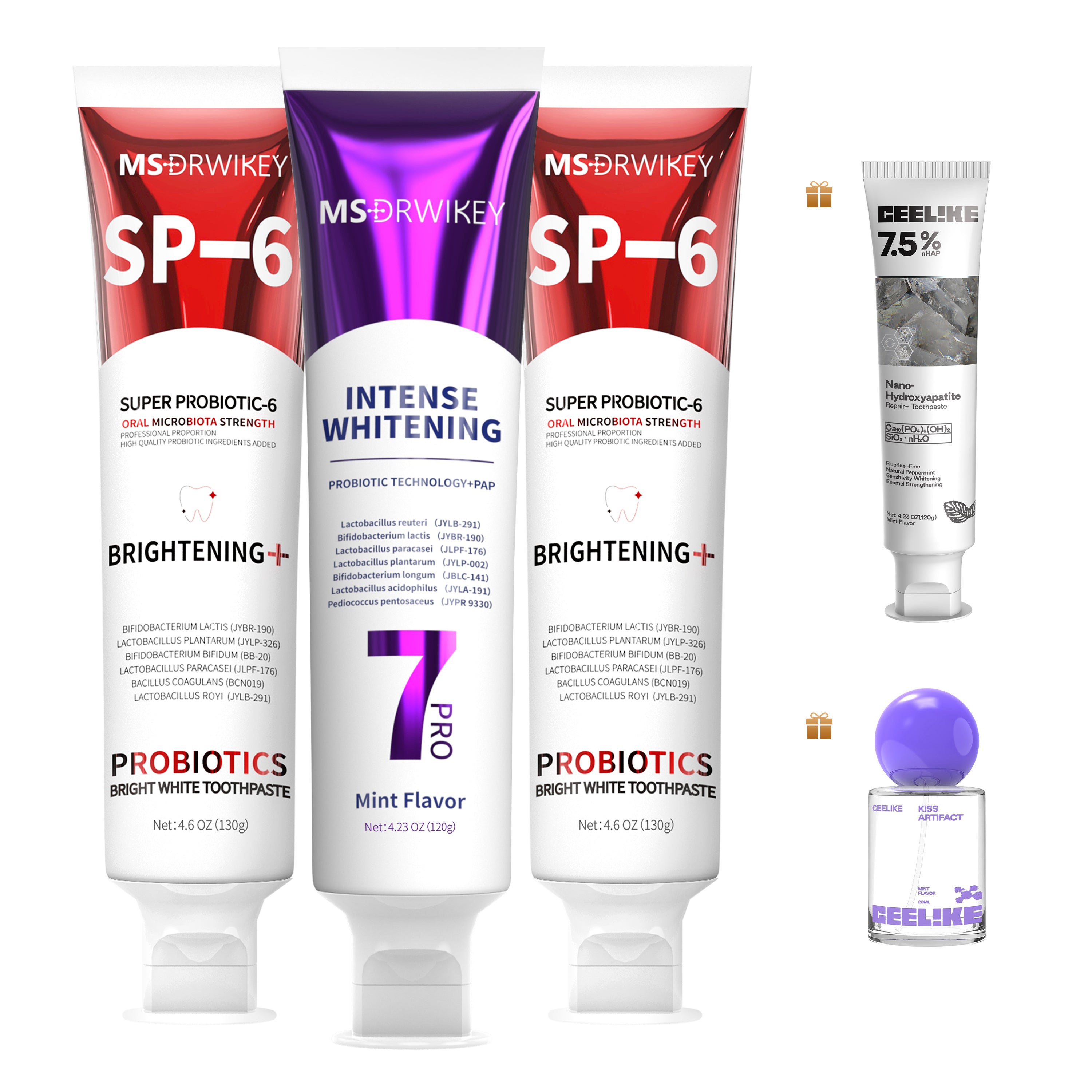 MSDRWIKEY 3-Piece Combo Set – SP-6 Probiotic Whitening Toothpaste, 7-Pro Advanced Whitening Toothpaste & Cooling Fresh Breath Toothpaste