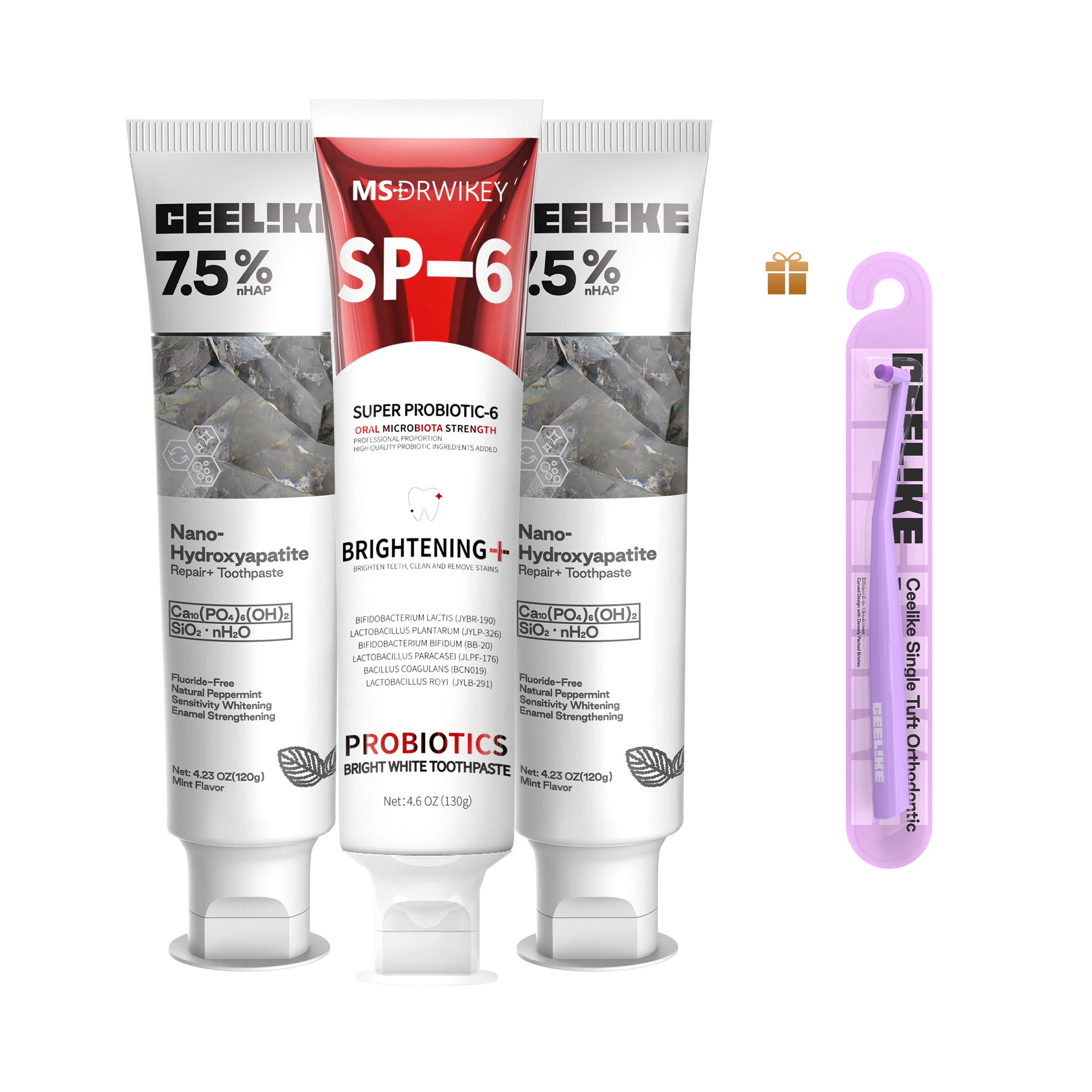 CEELIKE Radiant Smile Family Set – Adult & Kids Hydroxyapatite Toothpaste + Free Orthodontic Brush