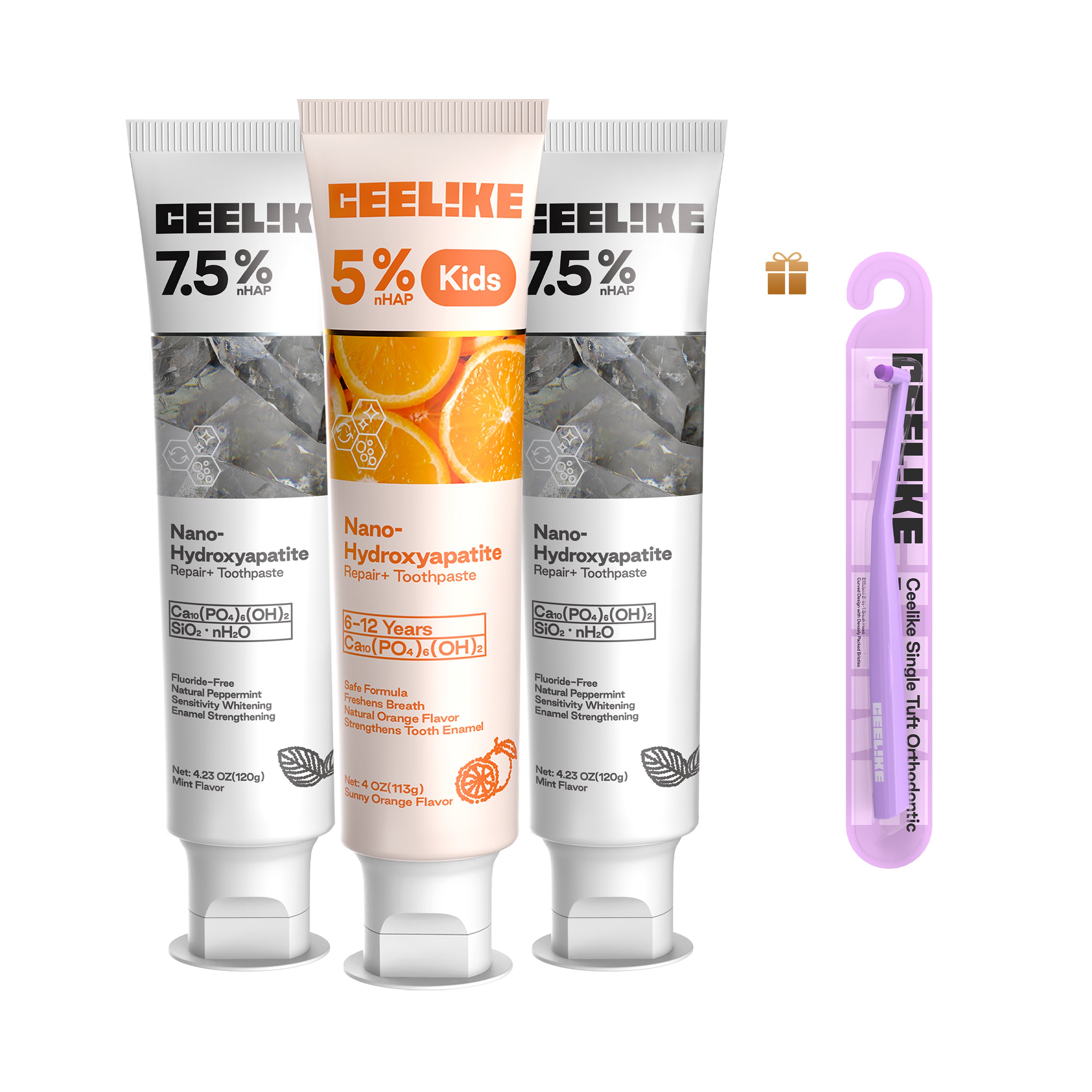 CEELIKE Radiant Smile Family Set – Adult & Kids Hydroxyapatite Toothpaste + Free Orthodontic Brush