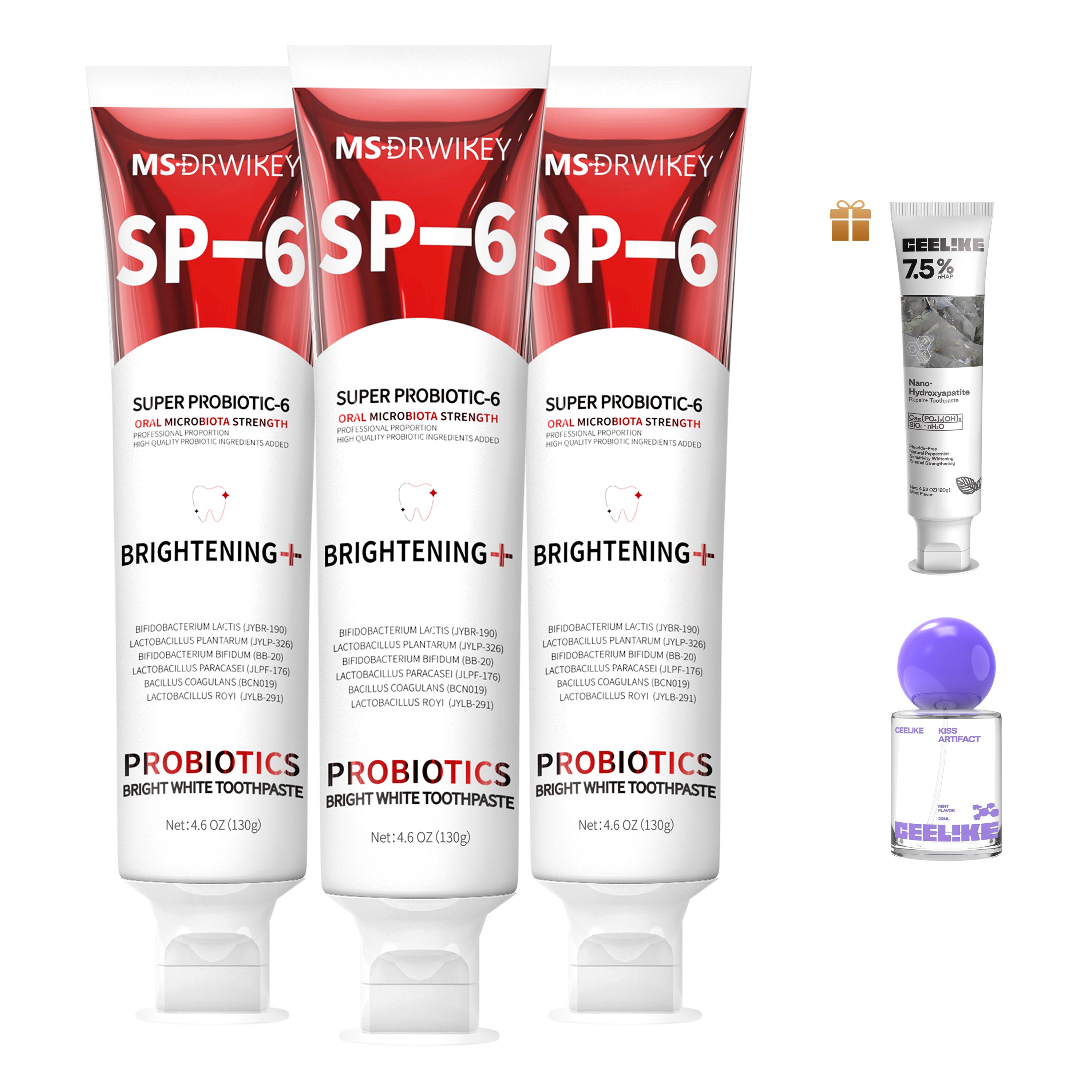 MSDRWIKEY SP-6 Whitening Toothpaste 3-pack – 6 kinds of probiotics, deep cleaning, whitening teeth, daily and travel oral care products