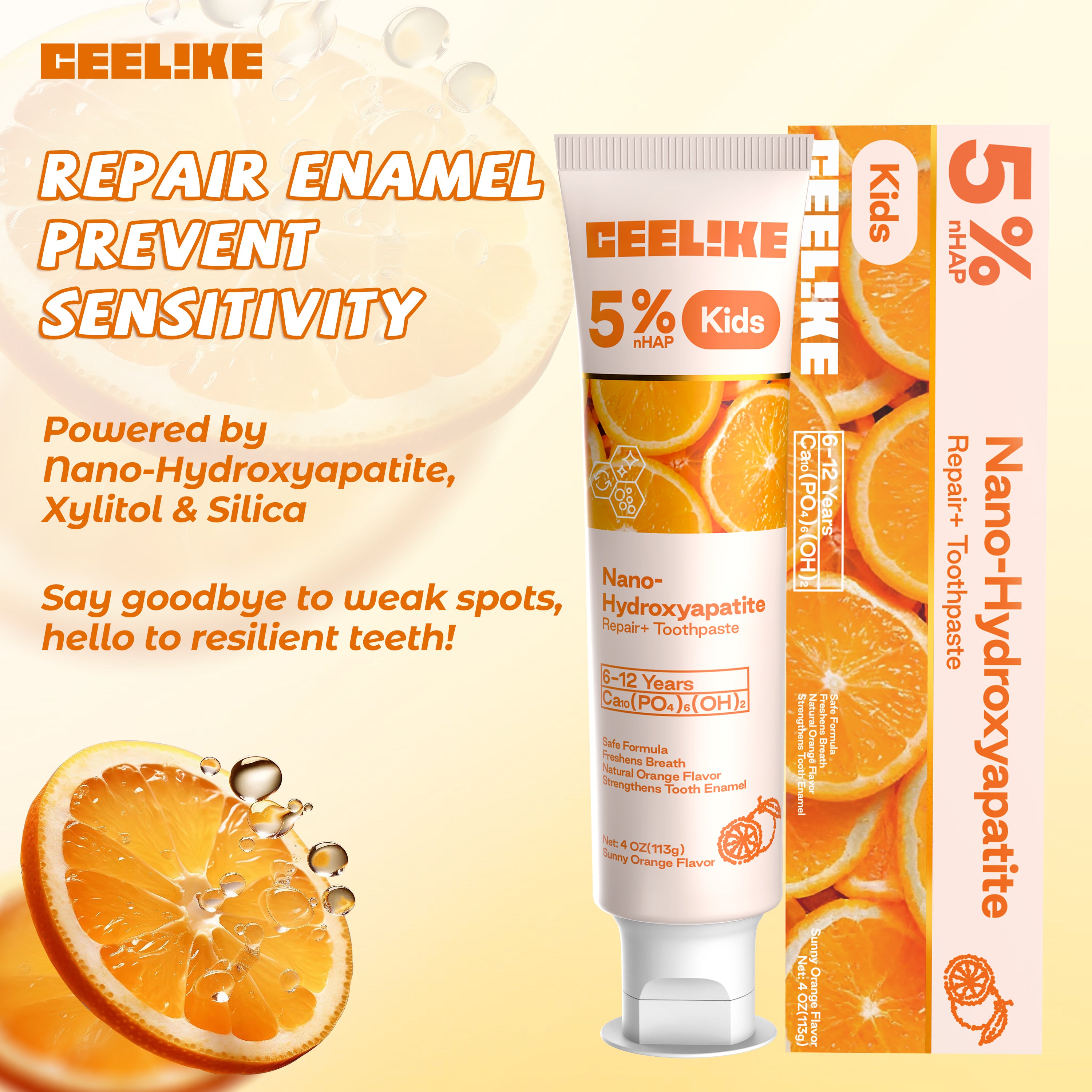 CEELIKE Kids 5% Hydroxyapatite Toothpaste – Fresh Breath · Strong Enamel · Naturally Sweet Orange Flavor