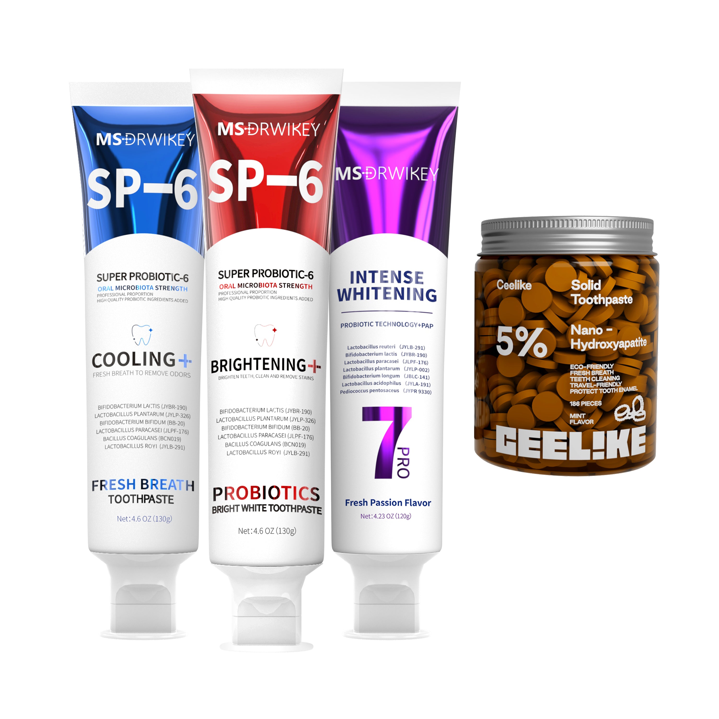 4-in-1 Oral Care Kit – Probiotic, Fresh, Whitening & Solid Toothpaste Combo