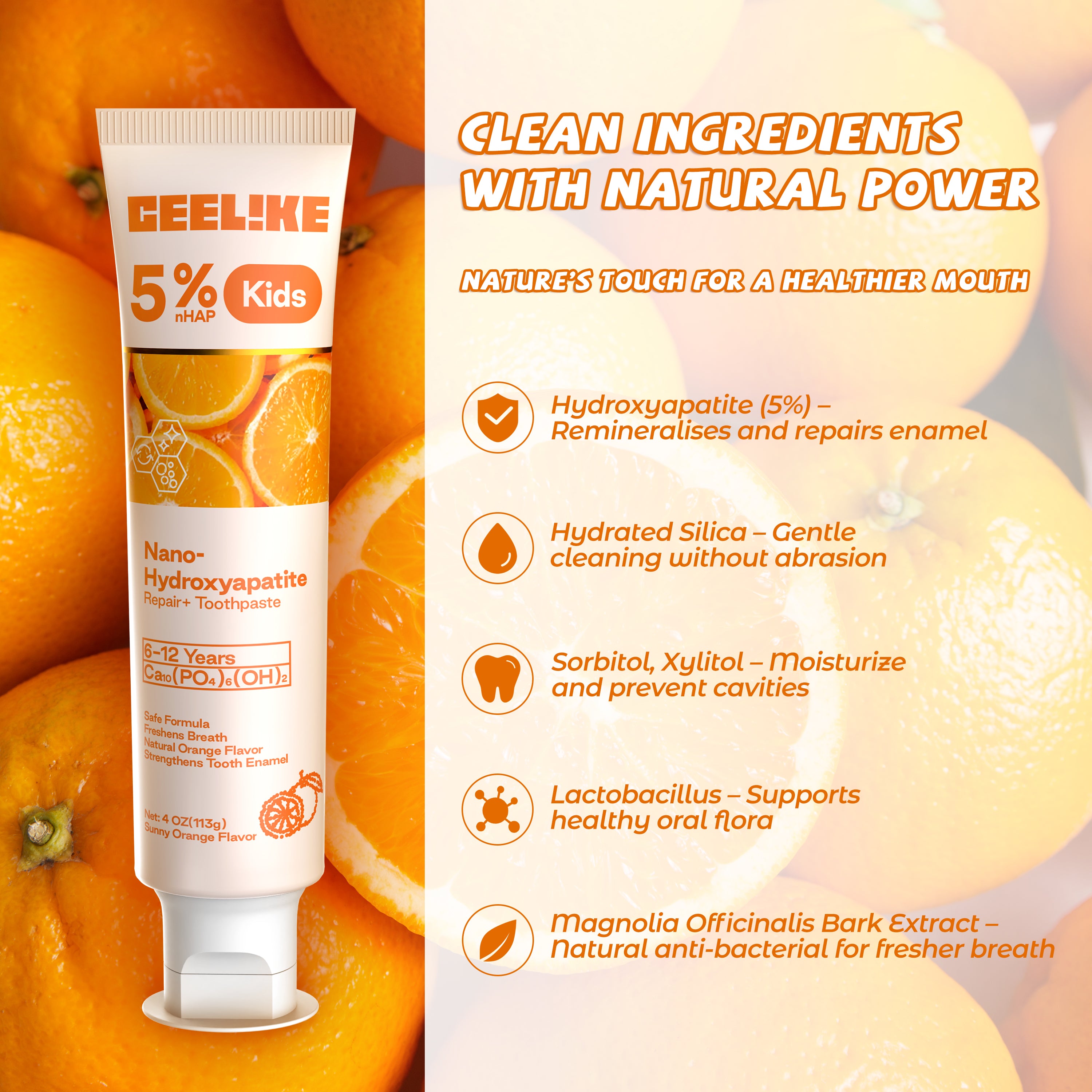 CEELIKE Kids 5% Hydroxyapatite Toothpaste – Fresh Breath · Strong Enamel · Naturally Sweet Orange Flavor