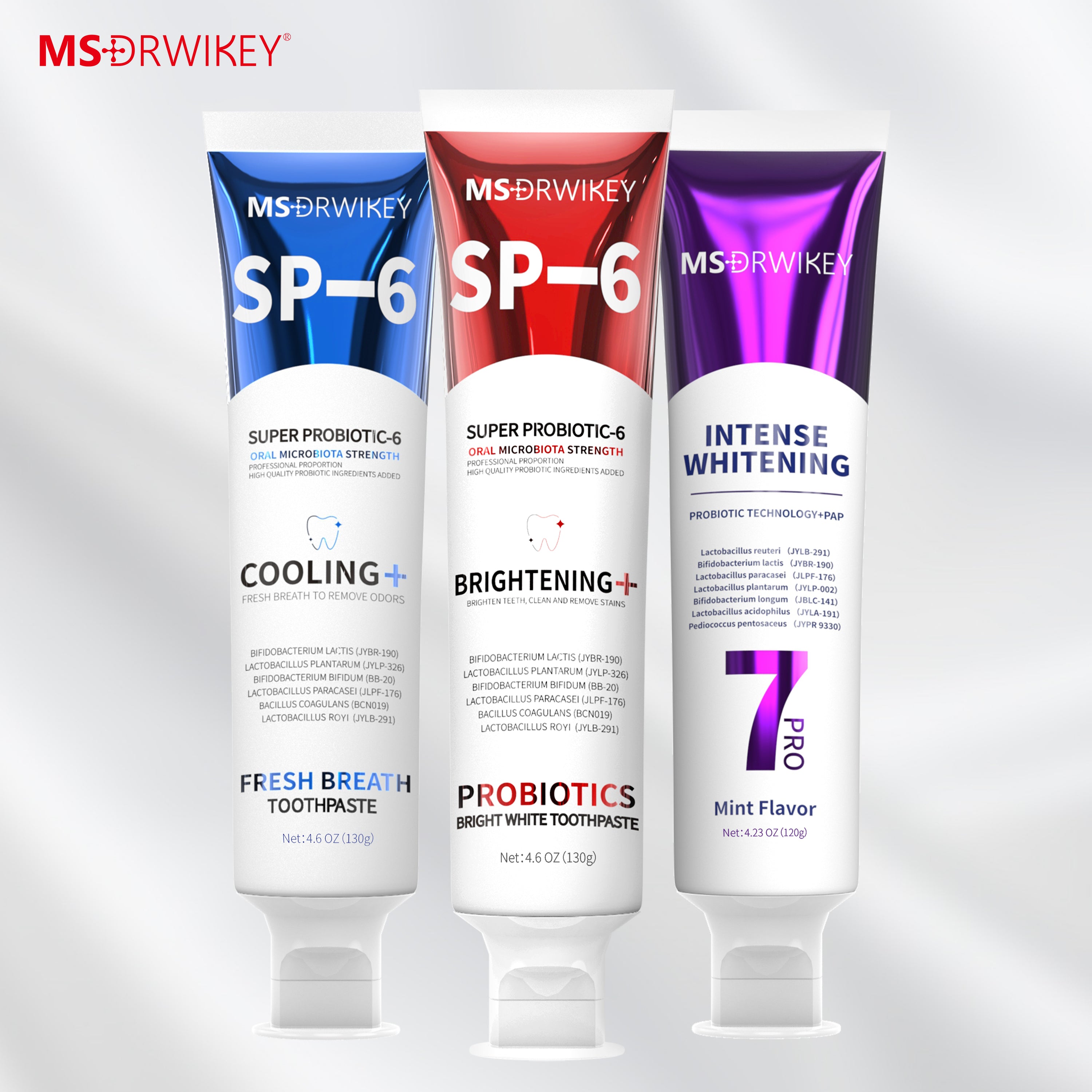 MSDRWIKEY 3-Piece Combo Set – SP-6 Probiotic Whitening Toothpaste, 7-Pro Advanced Whitening Toothpaste & Cooling Fresh Breath Toothpaste
