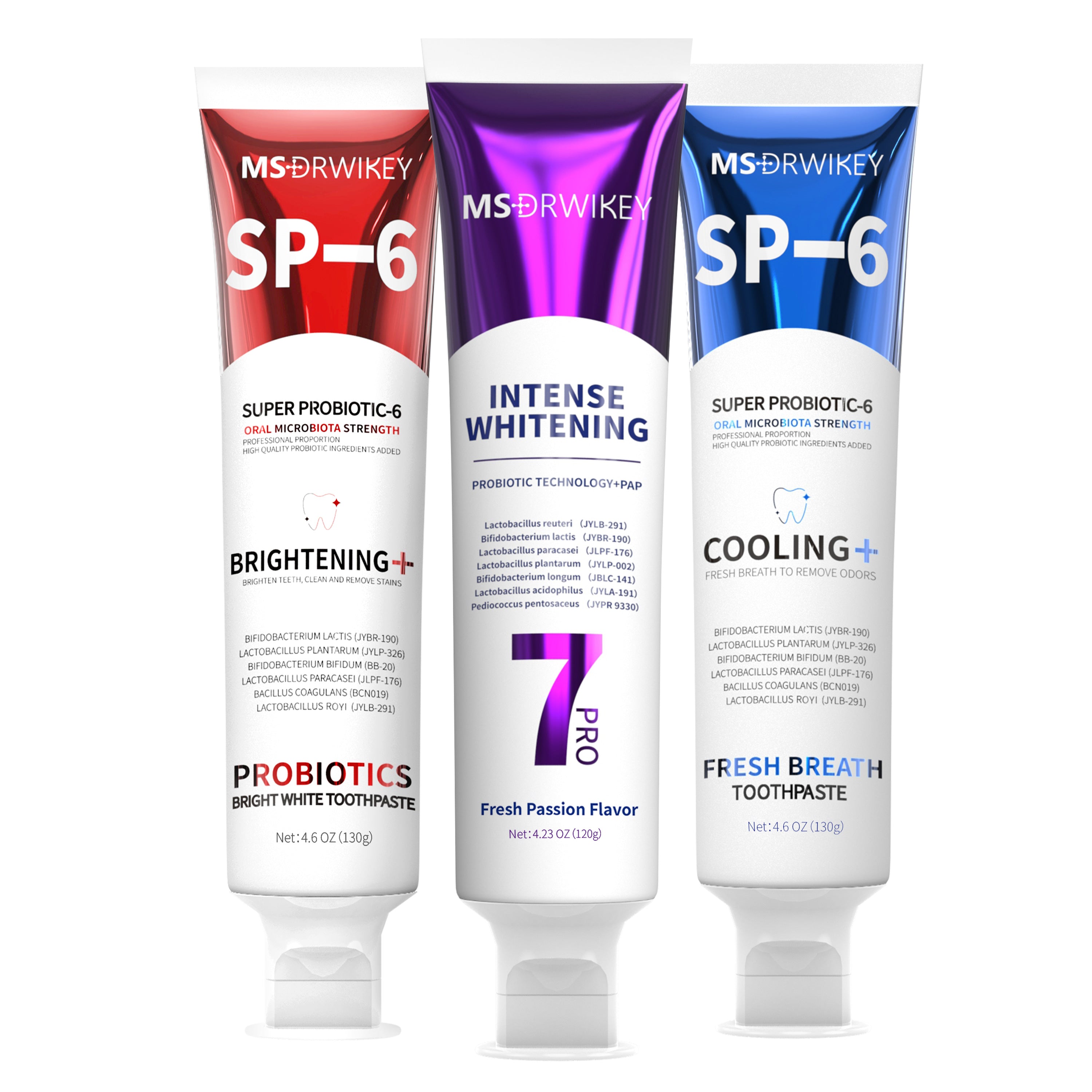 MSDRWIKEY 3-Piece Combo Set – SP-6 Probiotic Whitening Toothpaste, 7-Pro Advanced Whitening Toothpaste & Cooling Fresh Breath Toothpaste