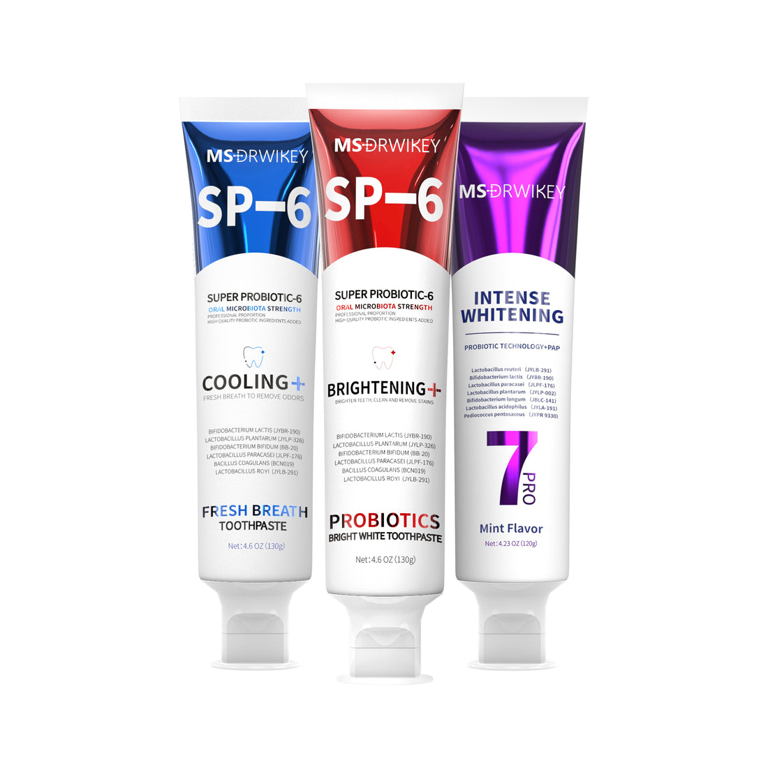 MSDRWIKEY 3-Piece Combo Set – SP-6 Probiotic Whitening Toothpaste, 7-Pro Advanced Whitening Toothpaste & Cooling Fresh Breath Toothpaste
