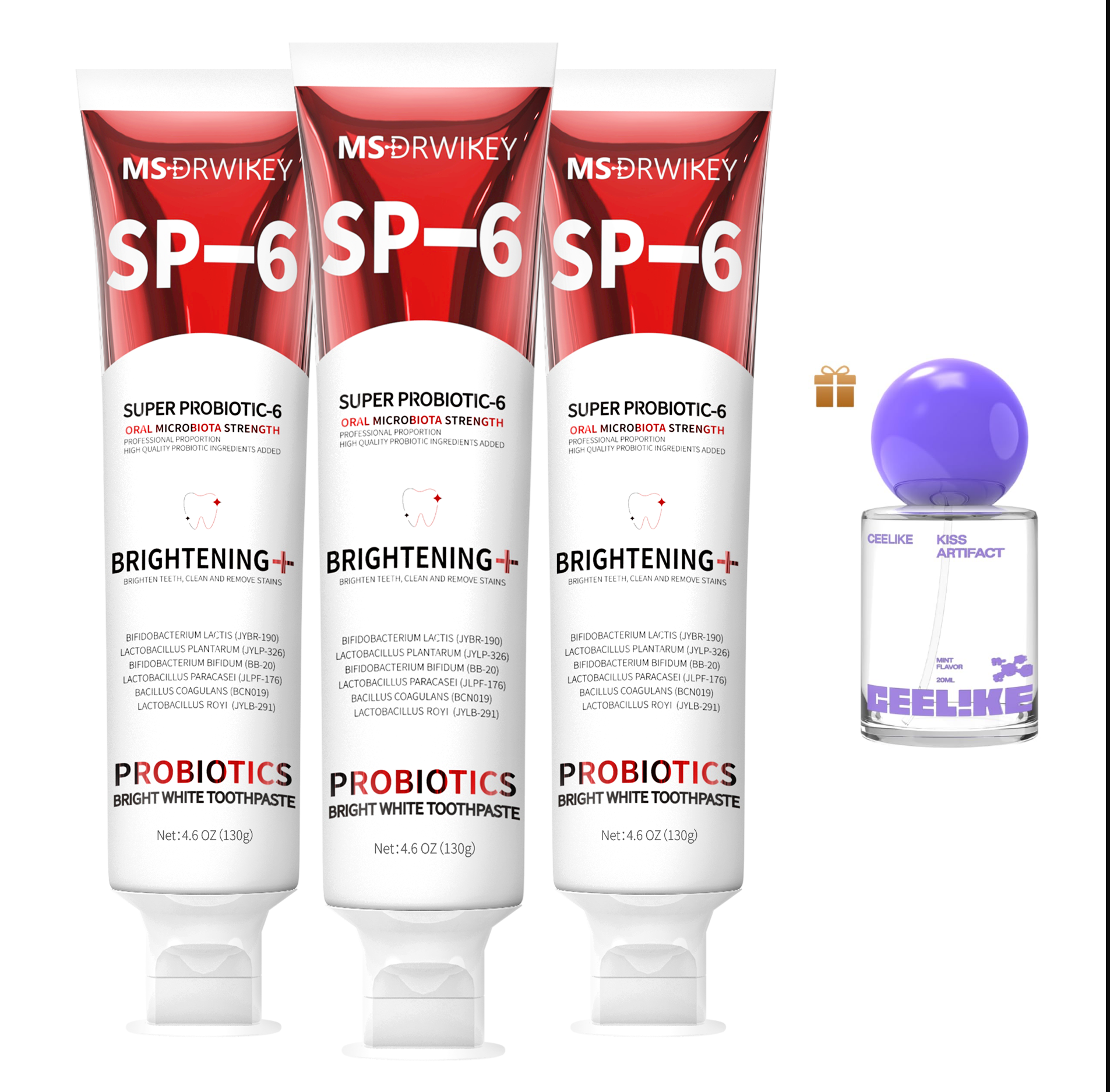 MSDRWIKEY SP-6 Whitening Toothpaste 3-pack – 6 kinds of probiotics, deep cleaning, whitening teeth, daily and travel oral care products