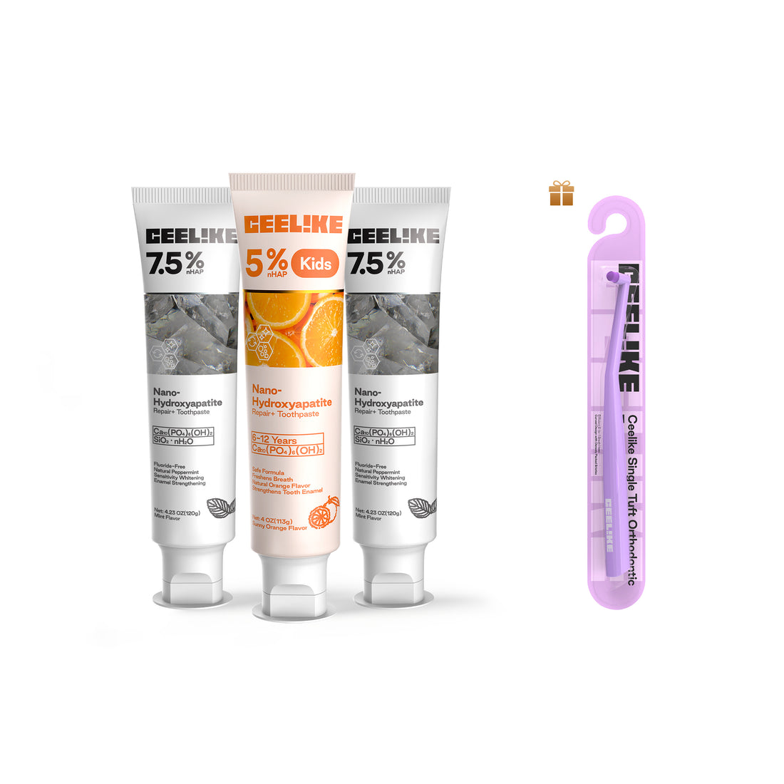 CEELIKE Radiant Smile Family Set – Adult &amp; Kids Hydroxyapatite Toothpaste + Free Orthodontic Brush