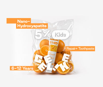 Pasta dental CEELIKE Kids con 5% de hidroxiapatita: aliento fresco, esmalte dental fortalecido y sabor a naranja dulce natural.