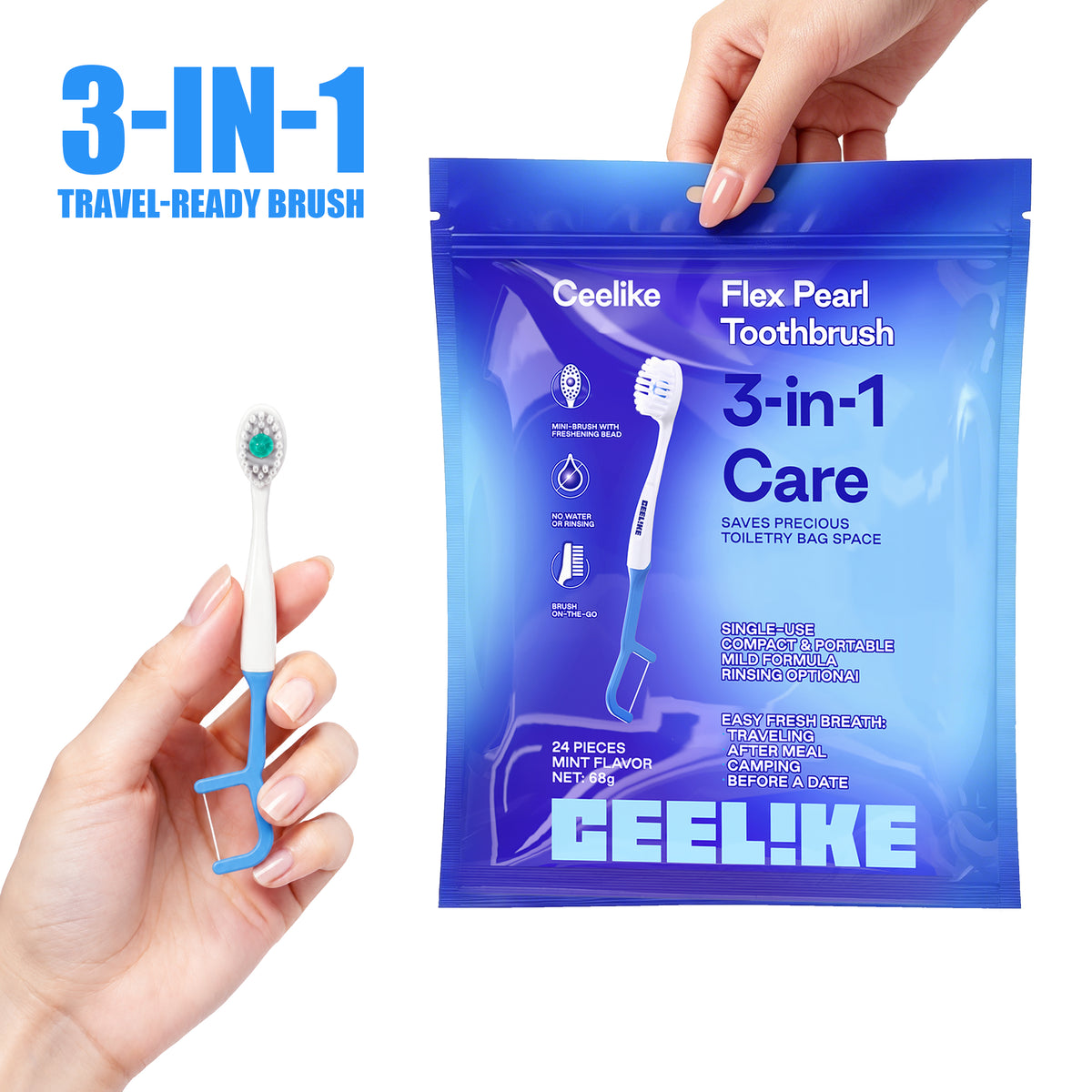 CEELIKE 3-in-1 Disposable Toothbrush with Refreshing Bead