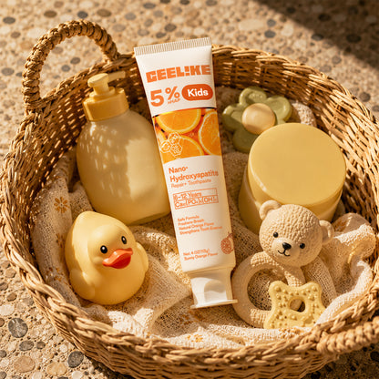 Pasta dental CEELIKE Kids con 5% de hidroxiapatita: aliento fresco, esmalte dental fortalecido y sabor a naranja dulce natural.