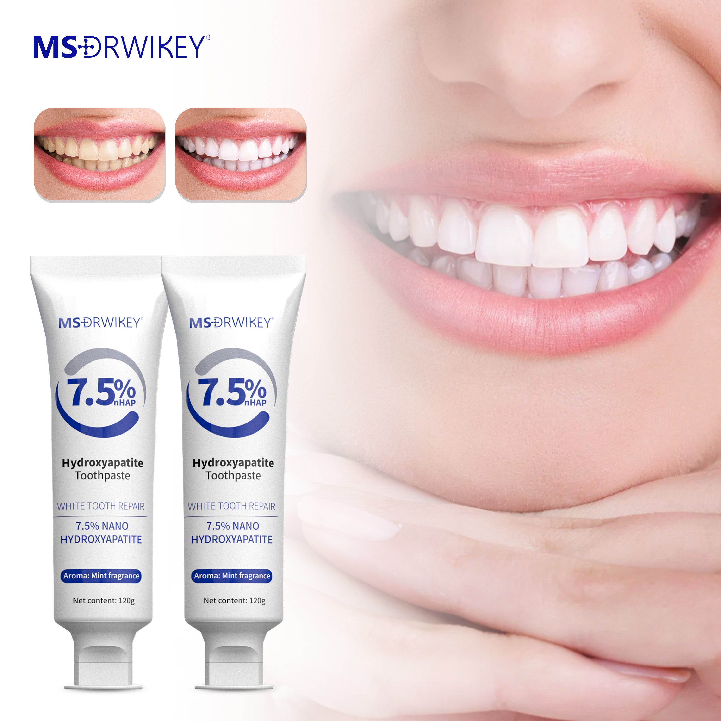 MSDRWIKEY Hydroxyapatite Toothpaste 2-pack, provides advanced enamel protection, gentle and effective formula, fluoride-free toothpaste, suitable for sensitive teeth