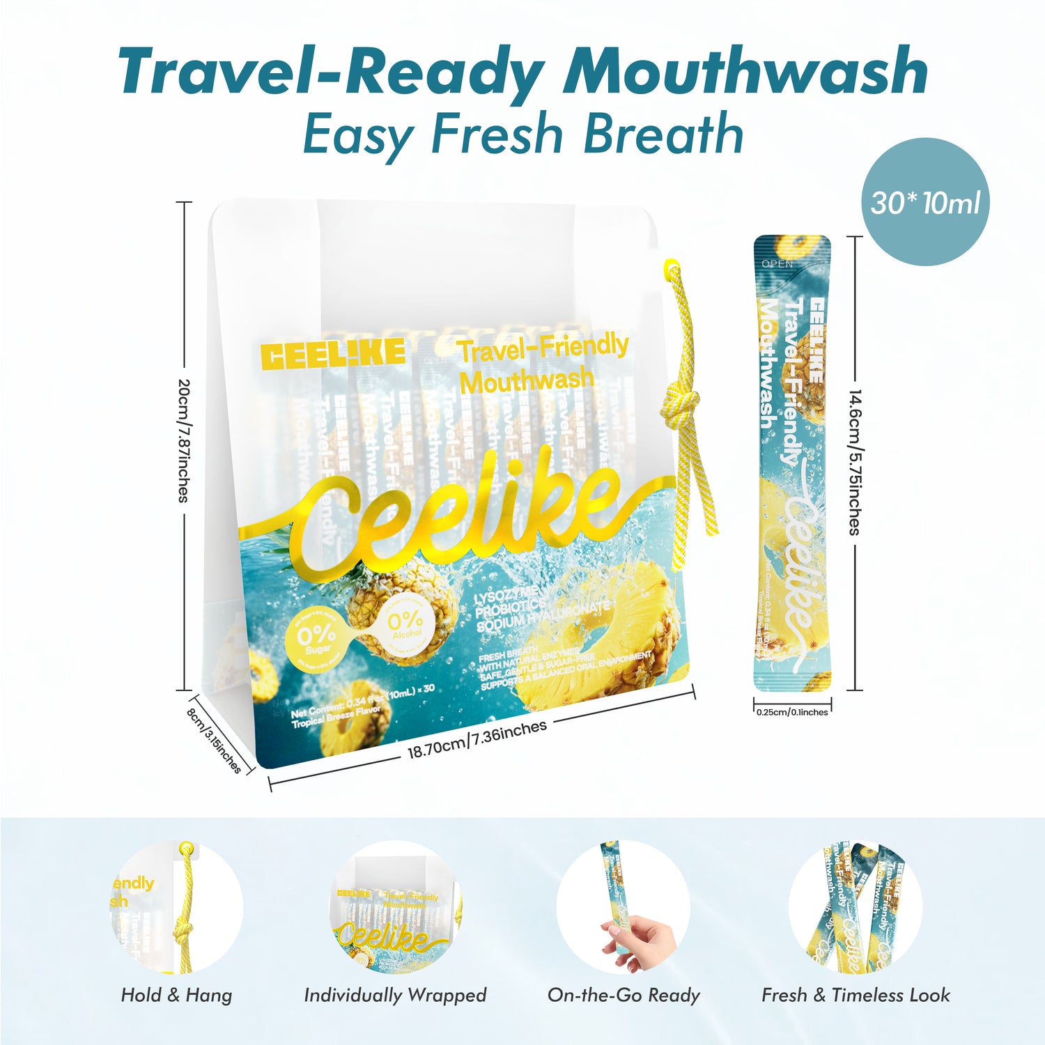 CEELIKE Portable Mouthwash – Tropical Pineapple Flavor (30 Packs)