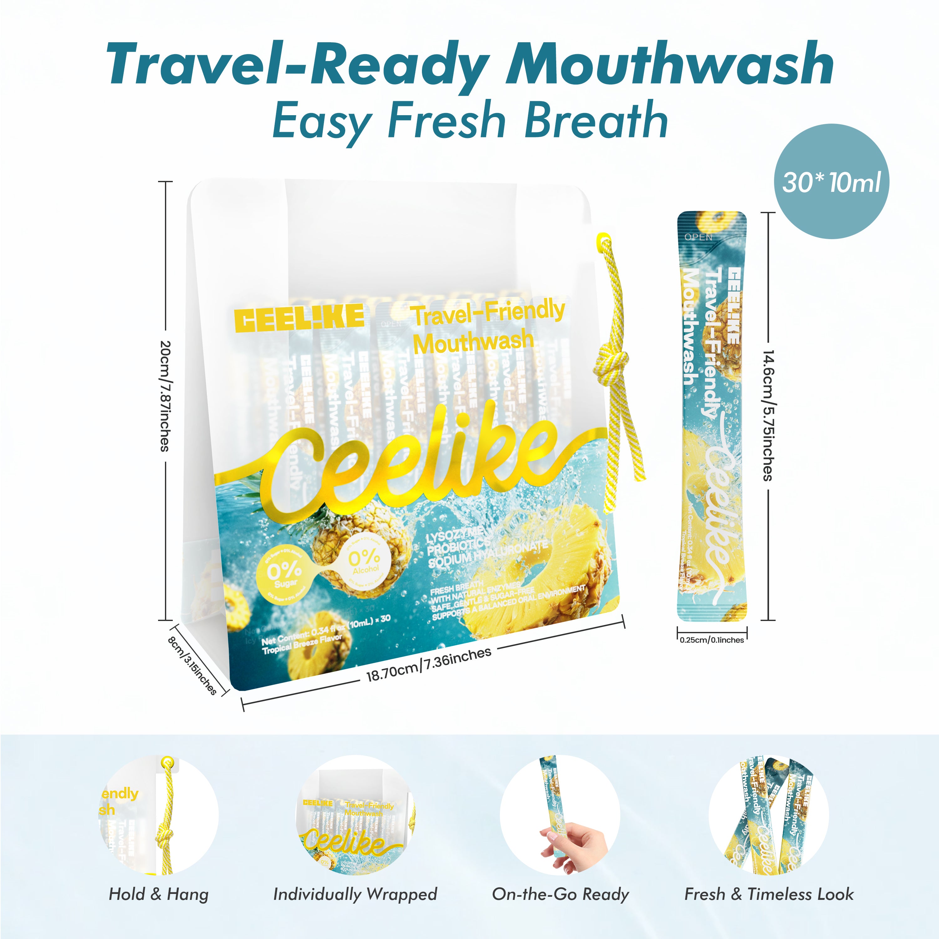 CEELIKE Portable Mouthwash – Tropical Pineapple Flavor (30 Packs)