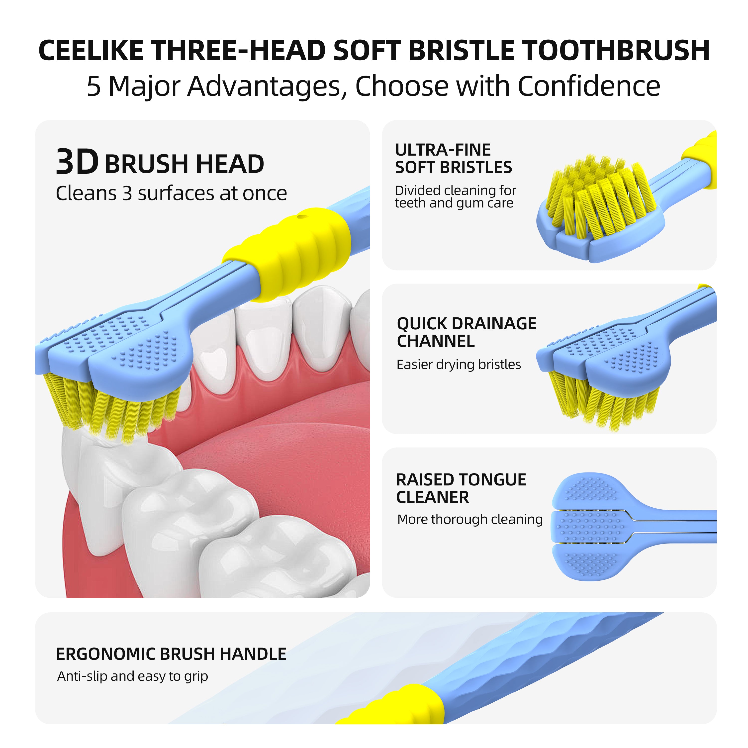 CEELIKE 3-Sided Soft Bristle Toothbrush – Complete Care
